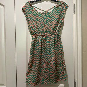 Delirious Pink/Green Zig-zag Cinched Waist Dress